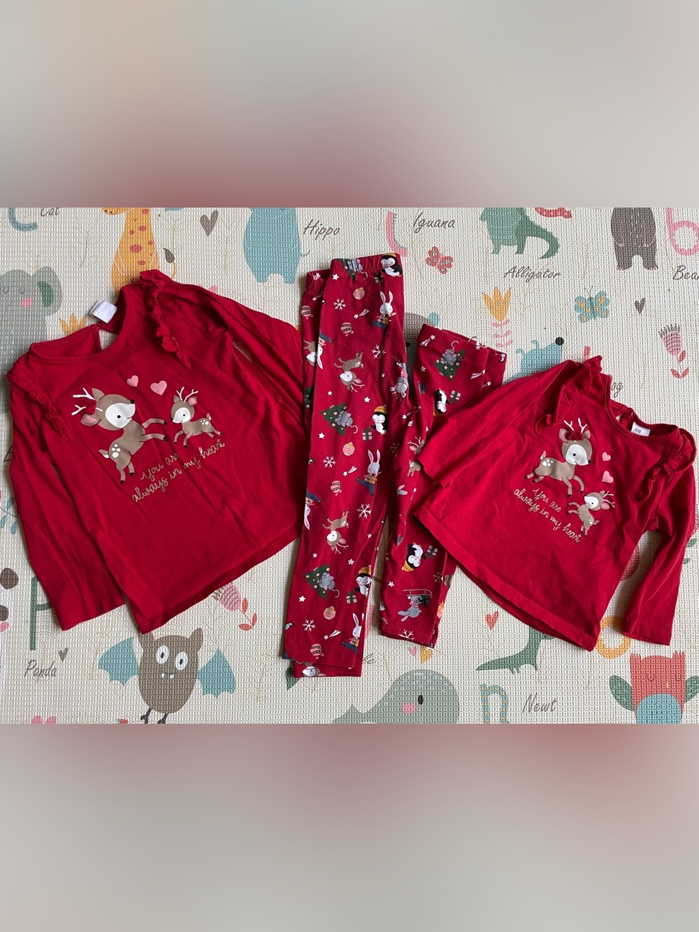 Matching H&M Sibling Sister Pajamas PJs ~ Christmas Red Reindeer ~ 3T and 9M
